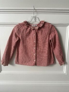 Emile et Ida Gingham Hand-Embroidered Collar Blouse - Raspberry Red